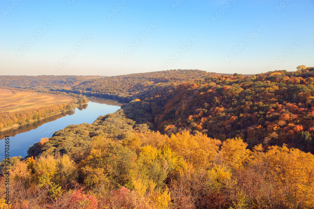 Panoramic view on river Nistru in the Soroca town on autumn, Moldova, the north-eastern part of the country. Picturesque landscape.