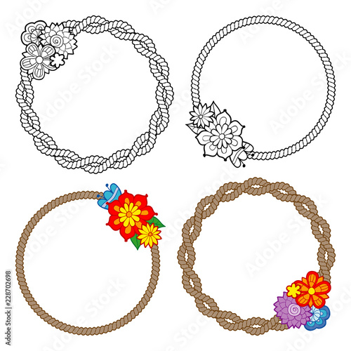 Set of 4 vector frames with ropes and flowers. Monochrome and colored versions