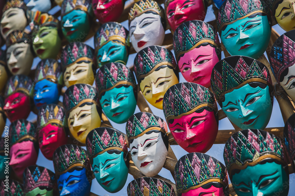 Colorful Javanese traditional face mask (Topeng Wayang) in Jogjakarta, Indonesia 