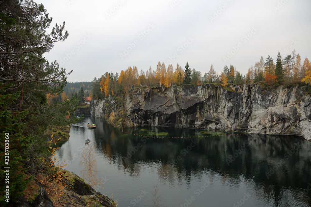 Picturesque autumn landscape in the Karelian mountain park Ruskeala, Russia
