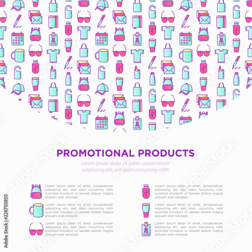 Promotional products concept with thin line icons: notebook, tote bag, sunglasses, t-shirt, water bottle, pen, backpack, cup, hat, travel mug, usb, lighter. Vector illustration, print media template.