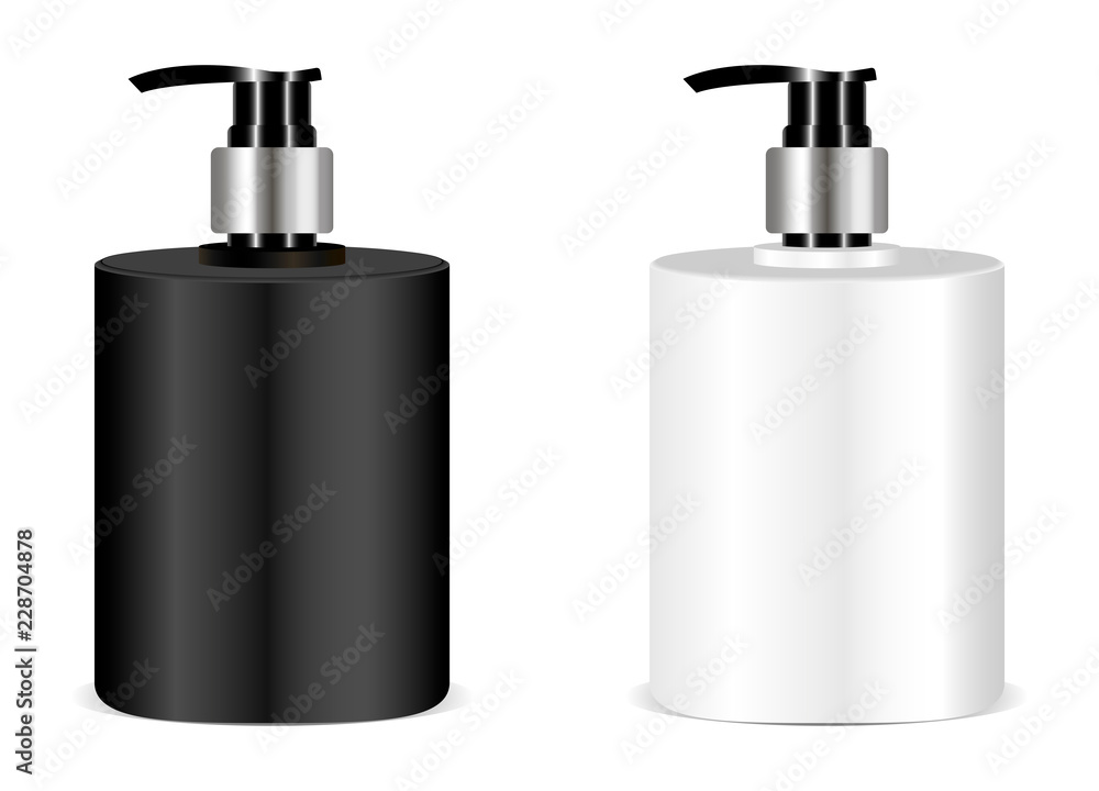 Obraz premium Black and white soap bottle mockup. Vector illusrtation. 3d realistic bottles with pump set for soap, cream, liquid, Isolated on white background.