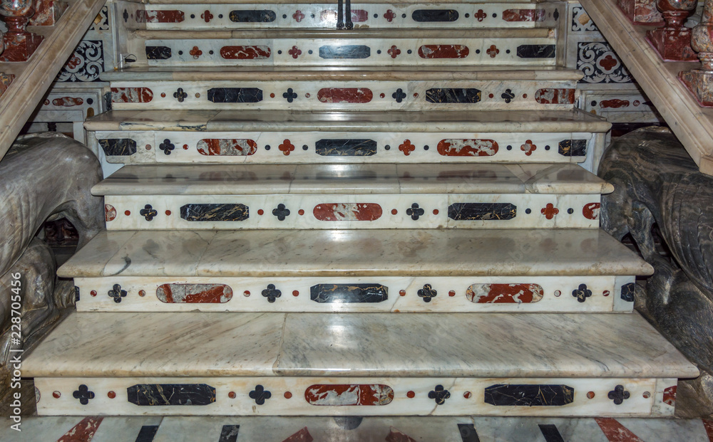 interior of the Cathedral of Cagliari.The flooring consists in slabs of inlaid polychrome marble.