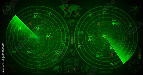 Detailed military radar with two green displays with with planes traces and target signs