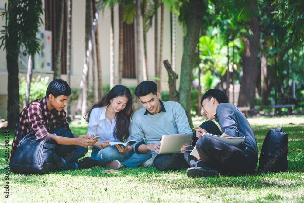 Group of students are walking in the exchange of knowledge and enjoy learning in the university educational concepts and technology.