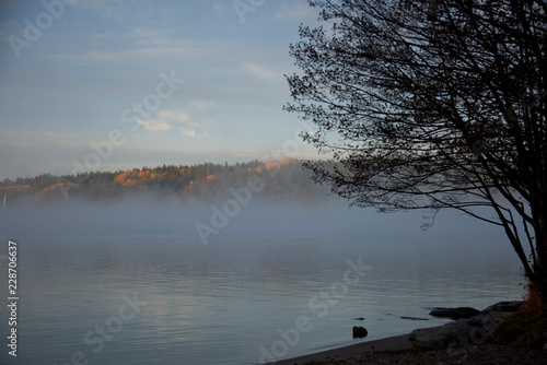 Canvas Print Lake Malaren in stockholm an early cold and foggy autumn day, shilouettes and re