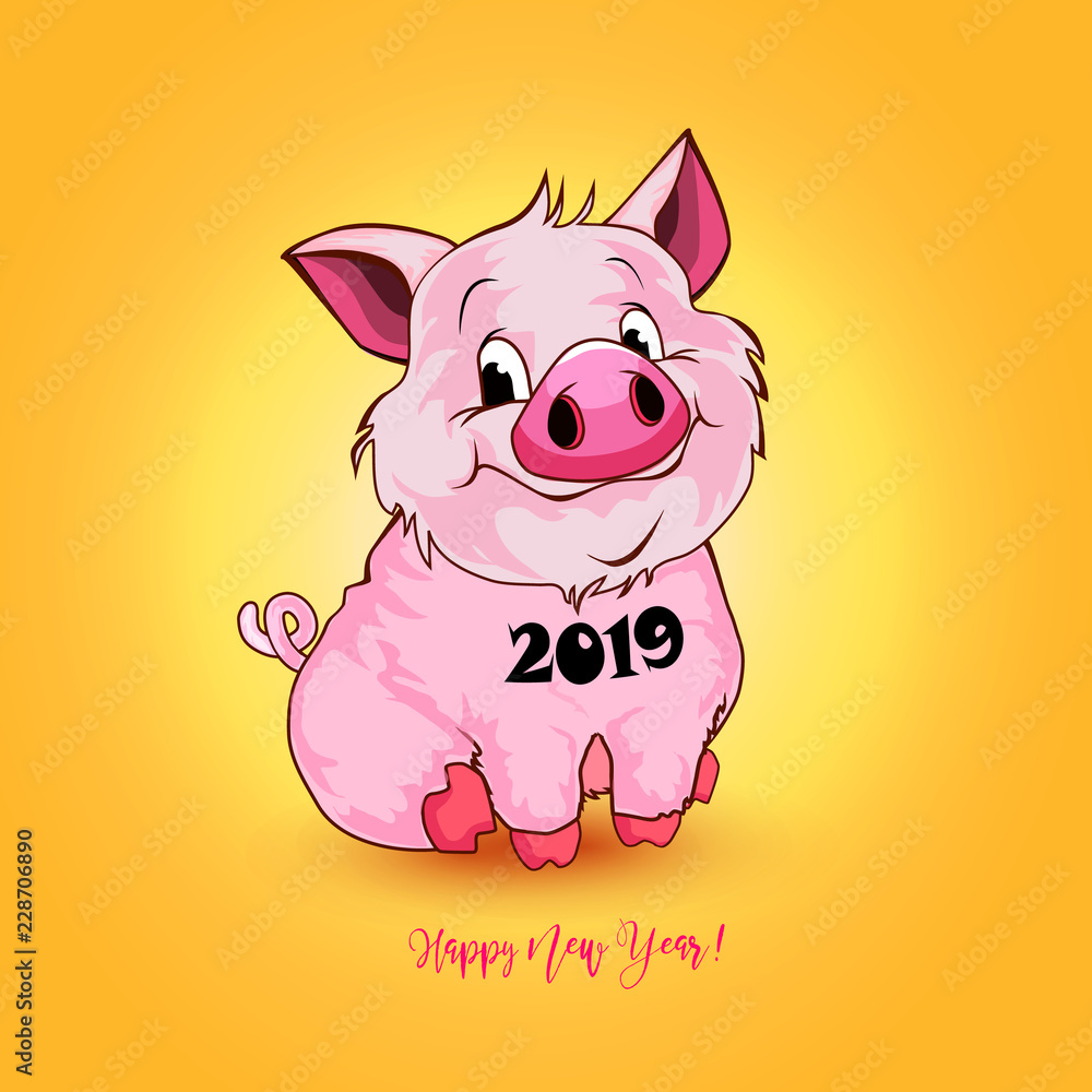 Cute funny pig. Happy New Year. Chinese symbol of the 2019 year. Excellent festive gift card. Vector illustration on yellow background