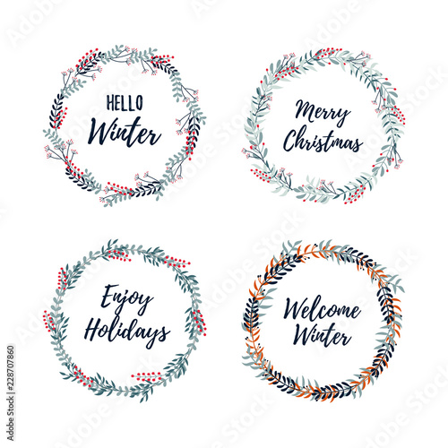 Set of Christmas wreath. Merry Christmas and Happy New Year 2019 greeting card.