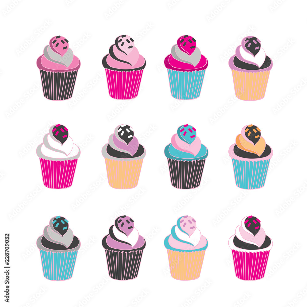 Set of 12 cute cupcakes isolated on white background. Vector illustration Set of 12 cute cupcakes isolated on white background. Vector illustration