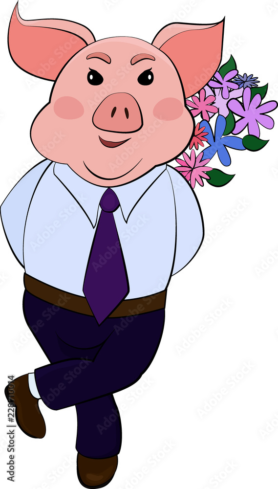 isolated Emoji character cartoon Pig embarrassed, shy and blushes with a  bouquet of flowers Stock Vector | Adobe Stock
