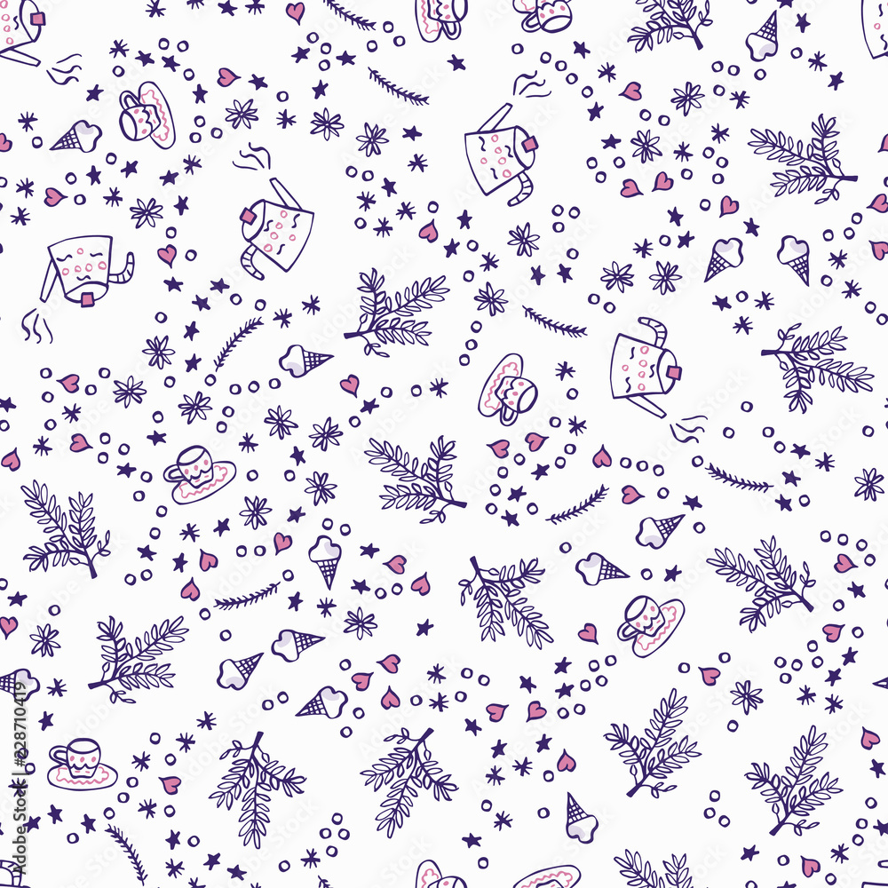 Tea time seamless pattern in purple and pink colors. Vector