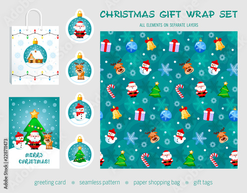 Christmas gift wrap set. Seamless pattern, greeting card, gift tags, paper shopping bag. All elements on separate layers. Vector illustration.