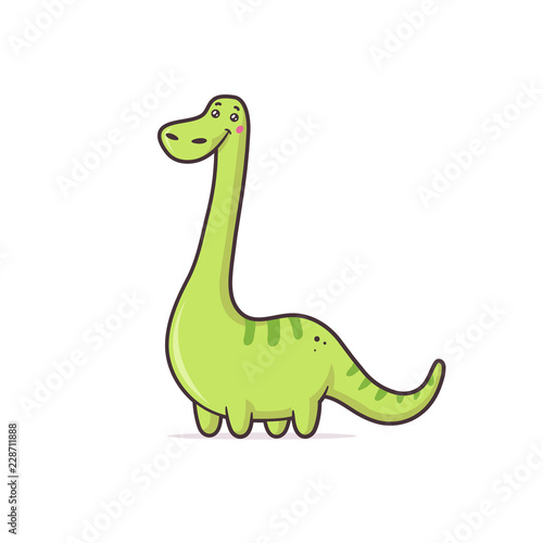Green cute dinosaur Argentinosaurus vector cartoon kawaii illustration isolated on white