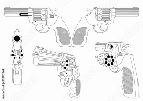 Revolver in five positions. Vector. Hand-held firearms of last hope. Fail-safe revolver without fuse. The length of the trunk is four inches.