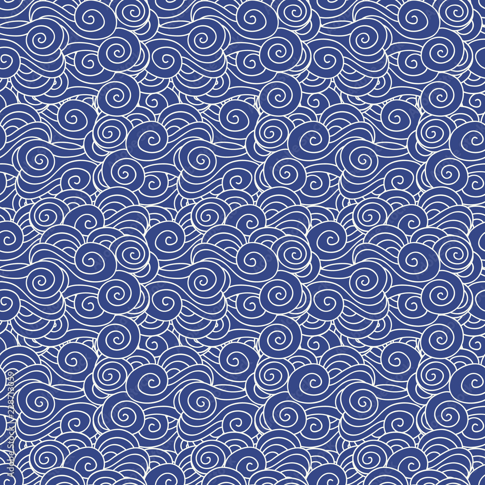 Japanese, Chinese traditional asian blue sea waves, clouds seamless pattern Japanese, Chinese traditional asian blue sea waves, clouds seamless pattern