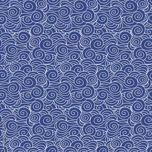 Japanese, Chinese traditional asian blue sea waves, clouds seamless pattern