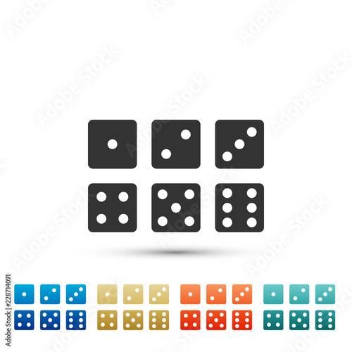 Set of six dices icon isolated on white background. Set elements in colored icons. Flat design. Vector Illustration