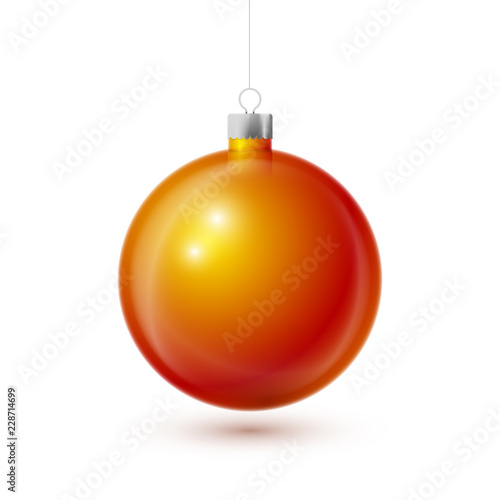 Realistic Orange Christmas ball with silver ribbon, isolated on white background. Merry Christmas greeting card. Vector illustration