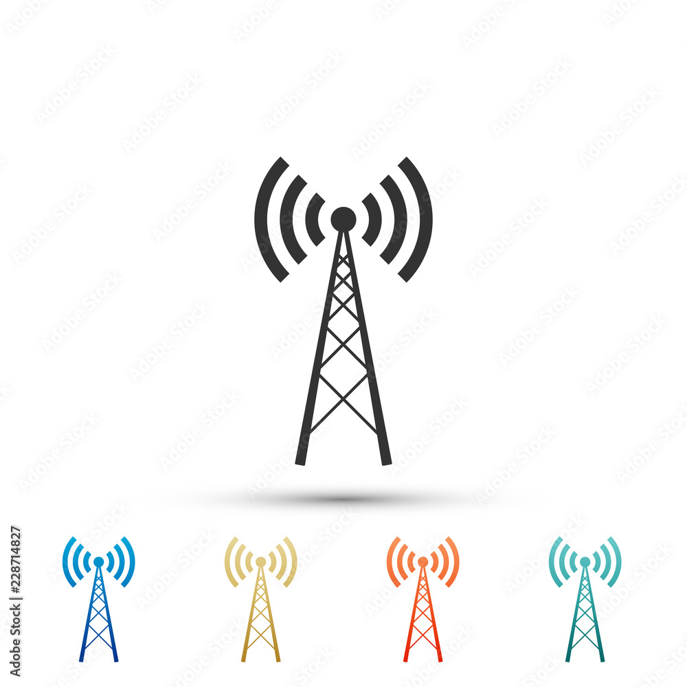 Antenna icon isolated on white background. Radio antenna wireless. Technology and network signal radio antenna. Set elements in colored icons. Flat design. Vector Illustration