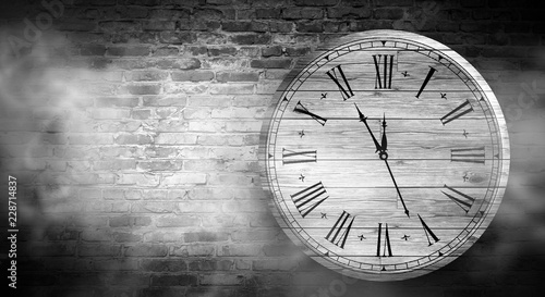 Wallpaper Mural Antique clock on the old, brick wall, wooden floor, smoke, fog. Dark gloomy background of empty room. Torontodigital.ca