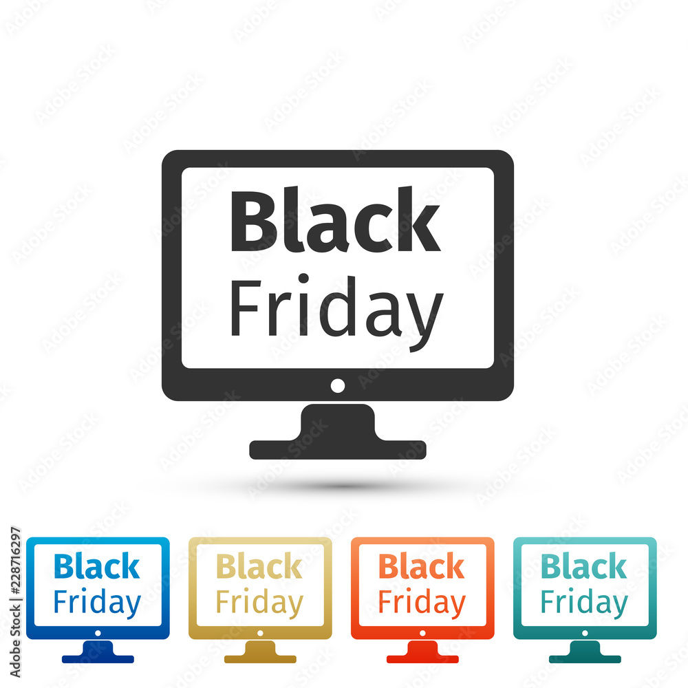 Monitor with Black Friday Sale on screen icon isolated on white background. Set elements in colored icons. Flat design. Vector Illustration Monitor with Black Friday Sale on screen icon isolated on white background. Set elements in colored icons. Flat design. Vector Illustration