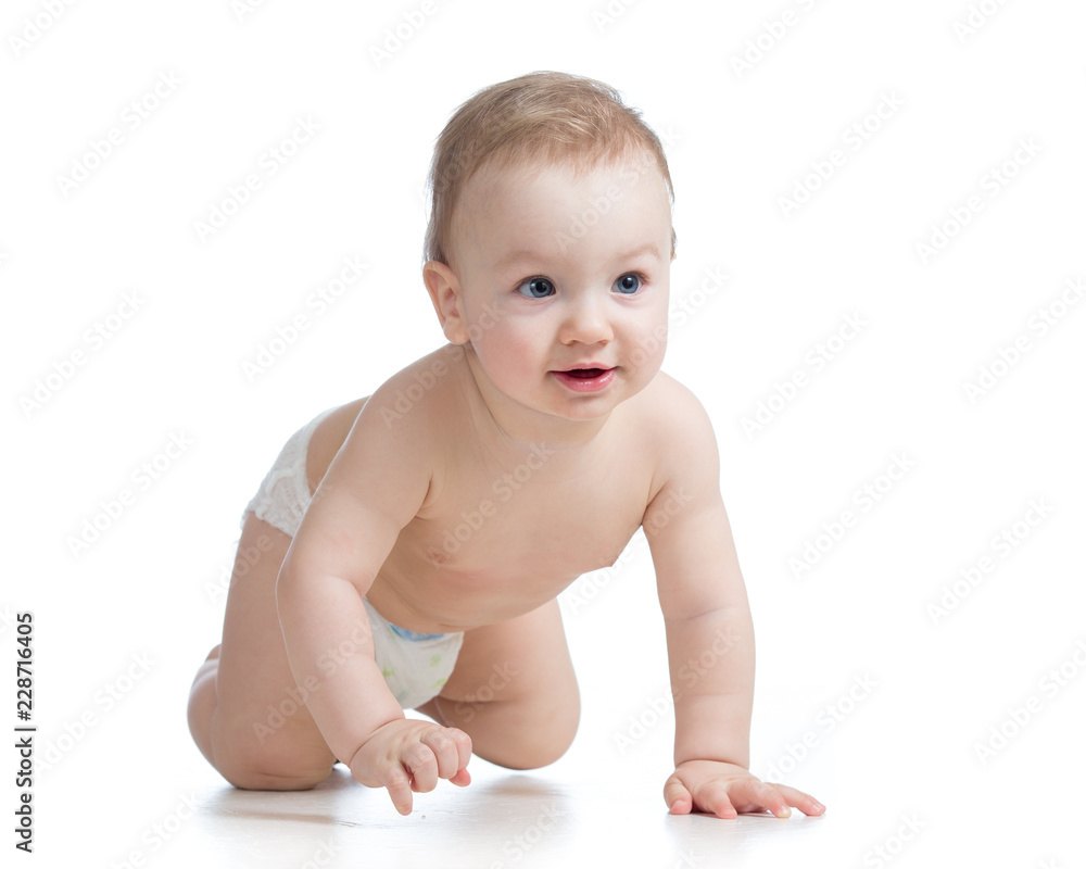 cute funny baby weared diaper crawling isolated on white cute funny baby weared diaper crawling isolated on white
