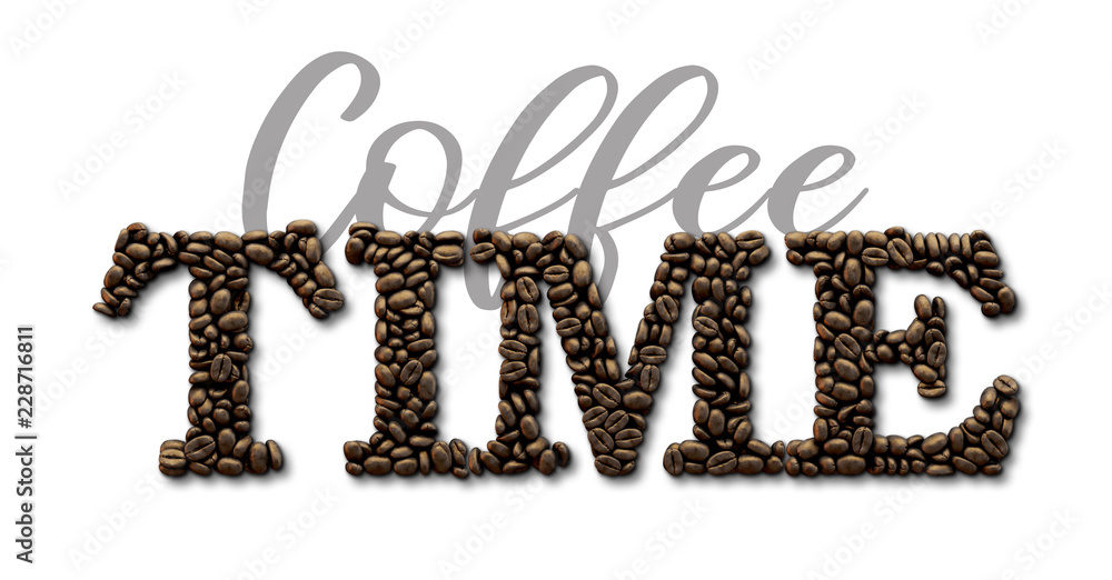 Coffee time typography quote. Coffee bean design lettering quote. 3D Rendering Coffee time typography quote. Coffee bean design lettering quote. 3D Rendering
