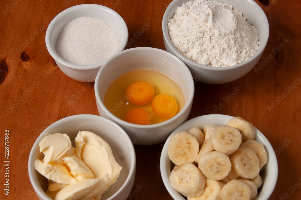 Cake Ingredients - Banana, Eggs, Wheat Flour, Butter, Margarine, Milk