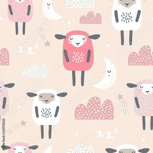 Wallpaper murals Seamless pattern with cute sleeping sheep, moon, clouds.  Creative good night background. Perfect for kids apparel,fabric, textile,  nursery decoration,wrapping  Illustration 