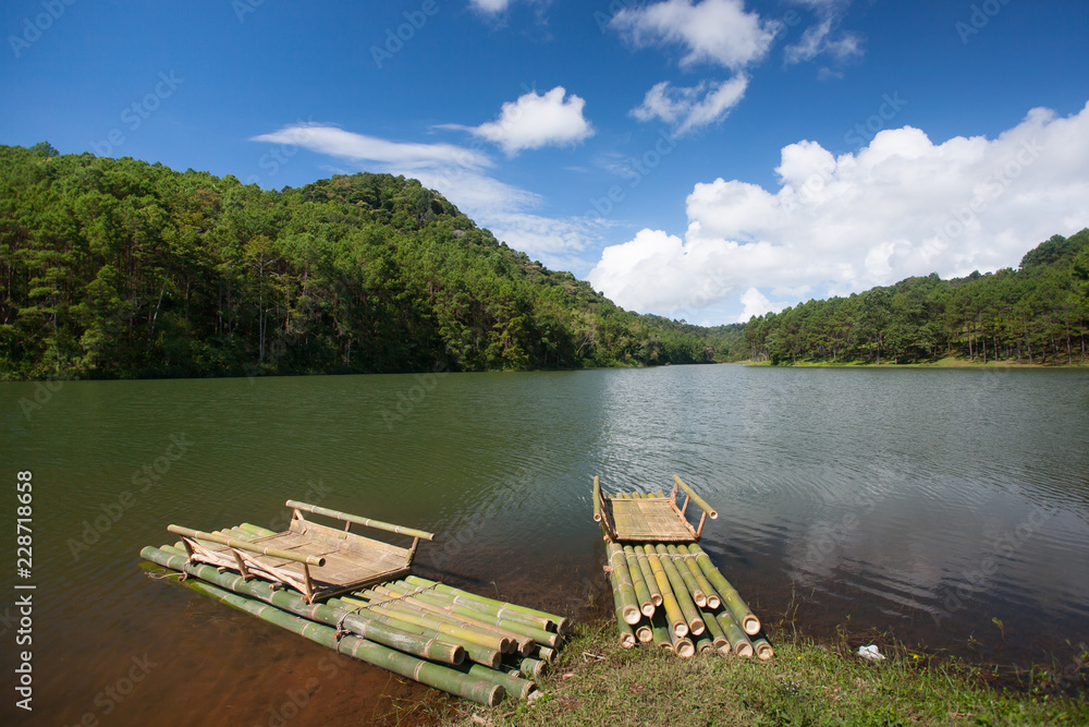 Bamboo raft in the lake at Pang ung Mea Hong Son ,Northern Thailand.