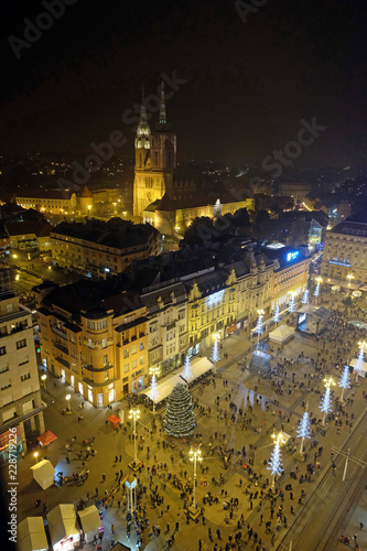 Evening view of Ban Jelacic square decorated with Christmas lights in Zagreb, Croatia on November 30, 2016.