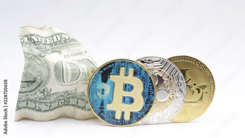 blurred crumpled dollar money and bitcoin blurred crumpled dollar money and bitcoin