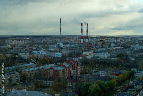 Perm, Russia - October 17, 2018: landscape of a typical ural`s industrial city under a cloudy sky