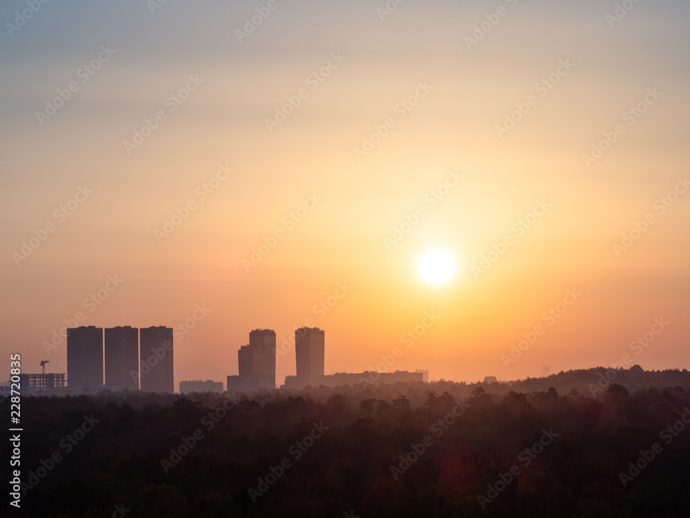 sun over city and forest in yellow sunrise