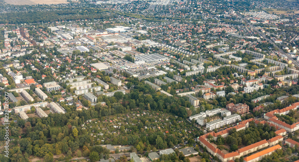 Aerial view out of a plane window over Berlin, Germany
