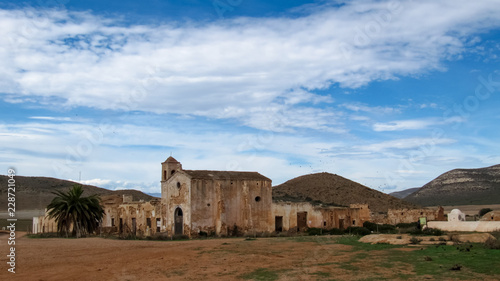 Ruinen des Cortijo del Fraile, Schauplatz von Lorcas "Bluthochzeit", Cabo de Gata, Andalusien, Spanien, Spanisches Gehöft, Bauernhaus, Drehort vieler Western