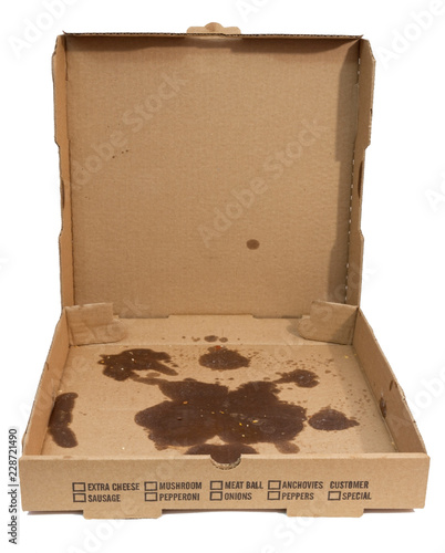 Empty greasy pizza box with lid open. Isolated.