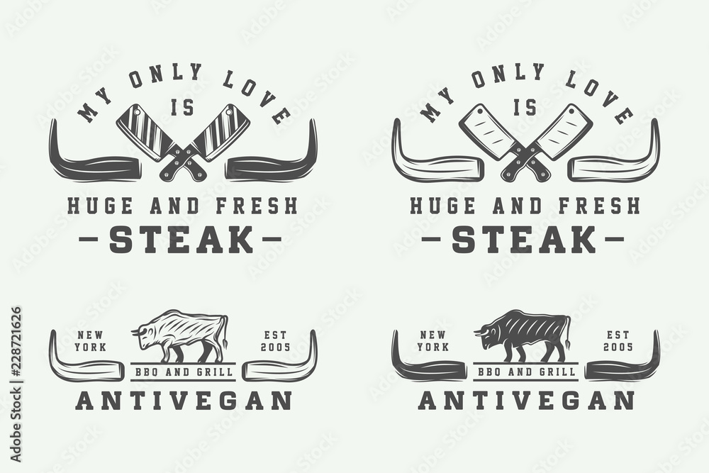 Set of vintage butchery meat, steak or bbq logos, emblems, badge
