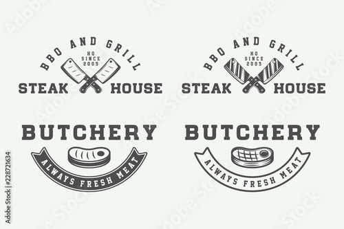 Set of vintage butchery meat, steak or bbq logos, emblems, badge