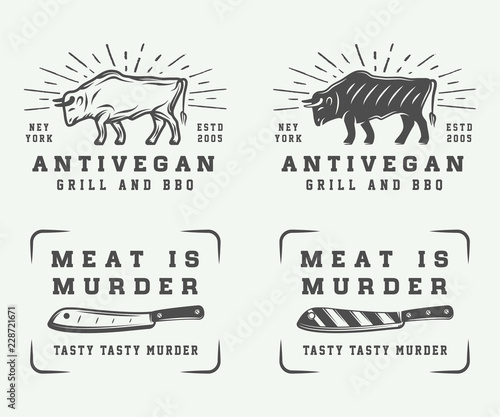 Set of vintage butchery meat, steak or bbq logos, emblems, badge