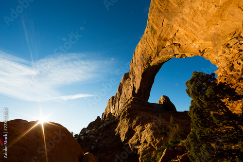 Arches National Park, Utah, USA. North Window arch during sunrise.