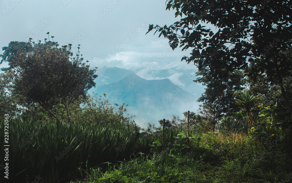 Overgrown path through green hilly landscape with volcano views in the mountains of Guatemala