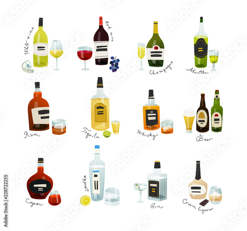 Mini bottles collection. Alcohol drinks set in flat design style