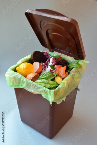 Trash bin full of organic garbage.