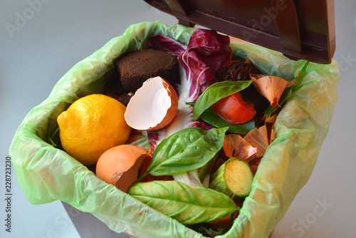 Trash bin full of organic garbage.