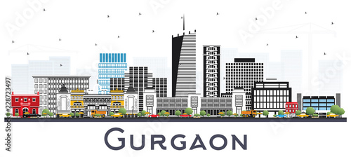 Gurgaon India City Skyline with Gray Buildings Isolated on White.