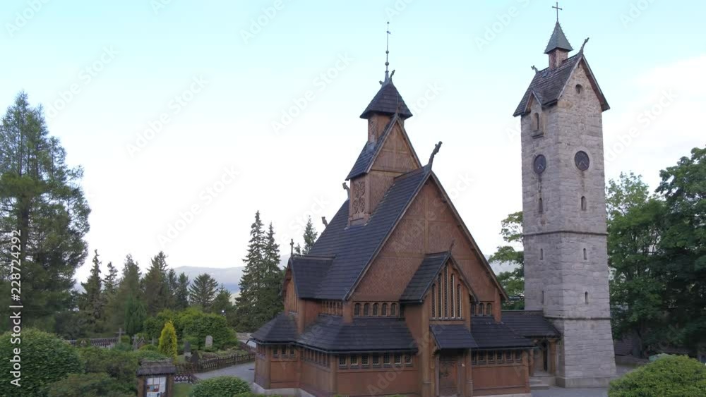 4K Drone aerial old monastery stave church Karpacz 4K Drone aerial old monastery stave church Karpacz
