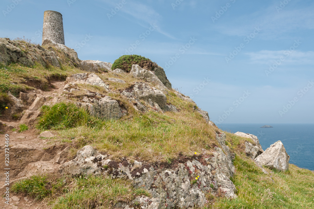 Clifftop tower and view to sea in Cornwall, England