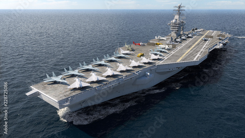 Aircraft carrier crossing the ocean 3D rendering