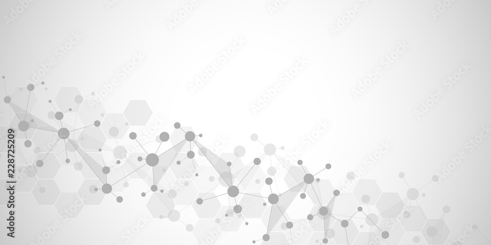 Molecular structure background and communication. Abstract background with molecule DNA and neural network. Artificial intelligence. Science and technology concept with connected lines and dots.